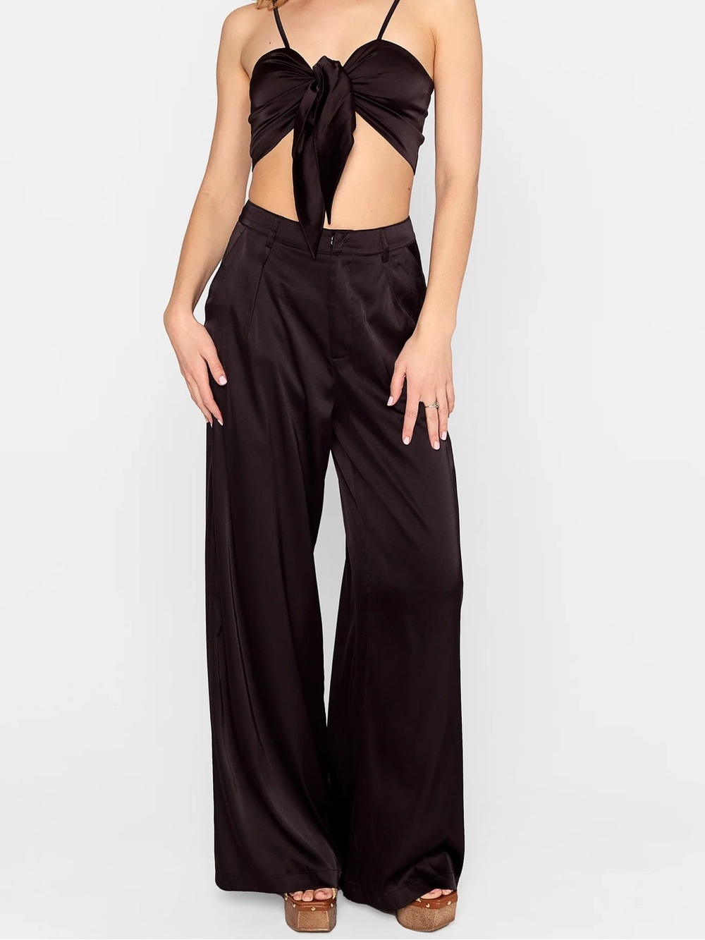 Beach Bunny Black Satin Wide-Leg Trousers